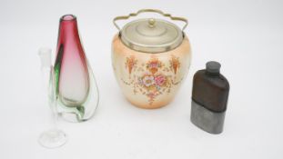 A leather and pewter hip flask with cup, makers stamp to the base along with a Murano style glass