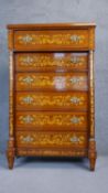 A 19th century style walnut tall chest with Dutch style floral marquetry inlay fitted with frieze