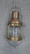 A vintage Anchor copper ships lamp with glass shade. Embossed makers label. H.60 D.22cm