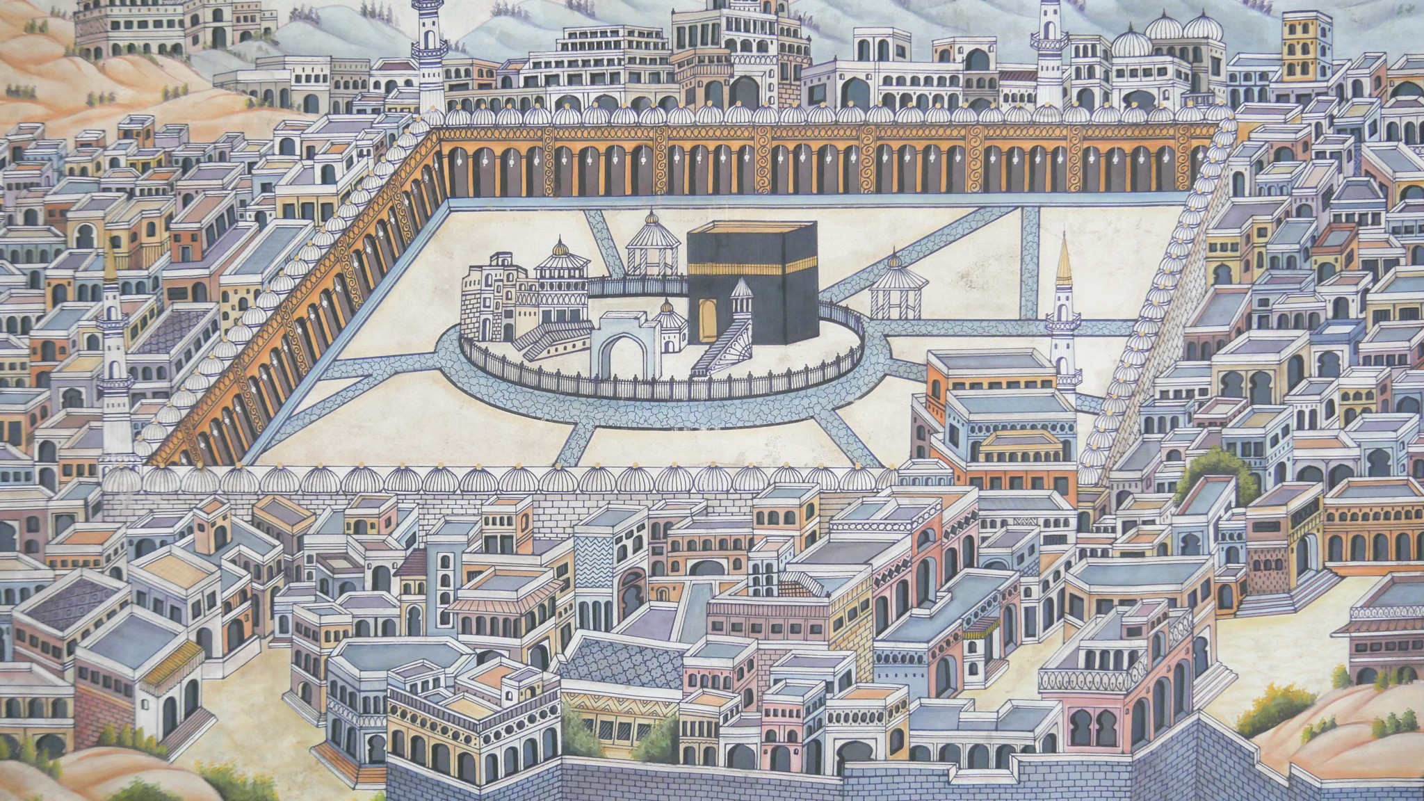 Three unframed Indian paintings on fabric of a bird's eye view of Mecca. L. 70 W. 94 - Image 3 of 5