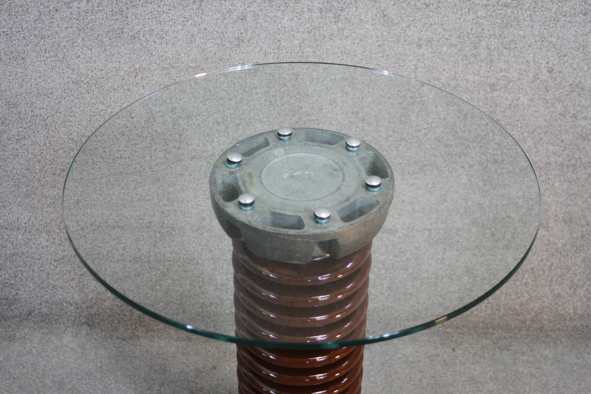 A plate glass topped occasional table on a pedestal from a glazed china high voltage insulator. H.74 - Image 3 of 6