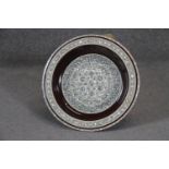A large Egyptian micro mosaic mother of pearl and bone inlaid charger with a geometric design. Diam.