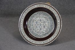 A large Egyptian micro mosaic mother of pearl and bone inlaid charger with a geometric design. Diam.