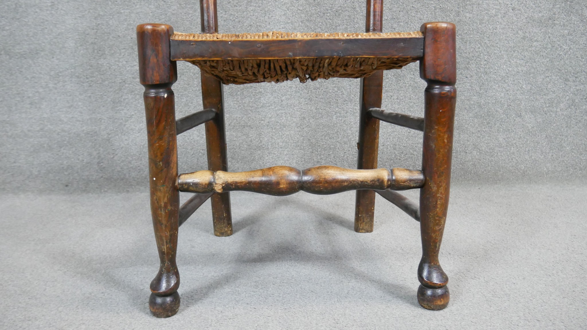 A pair of oak Lancashire style ladder back dining chairs with woven rush seats. - Image 6 of 6