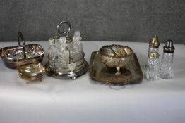 A collection of silver plate. Including a twin handled serving tray, a cut crystal cruet set, a