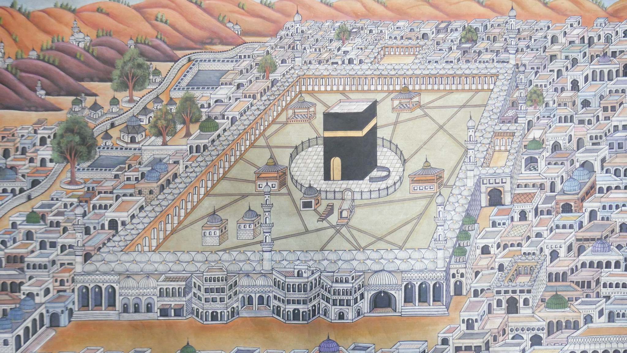 Three unframed Indian paintings on fabric of a bird's eye view of Mecca. L. 70 W. 94 - Image 5 of 5