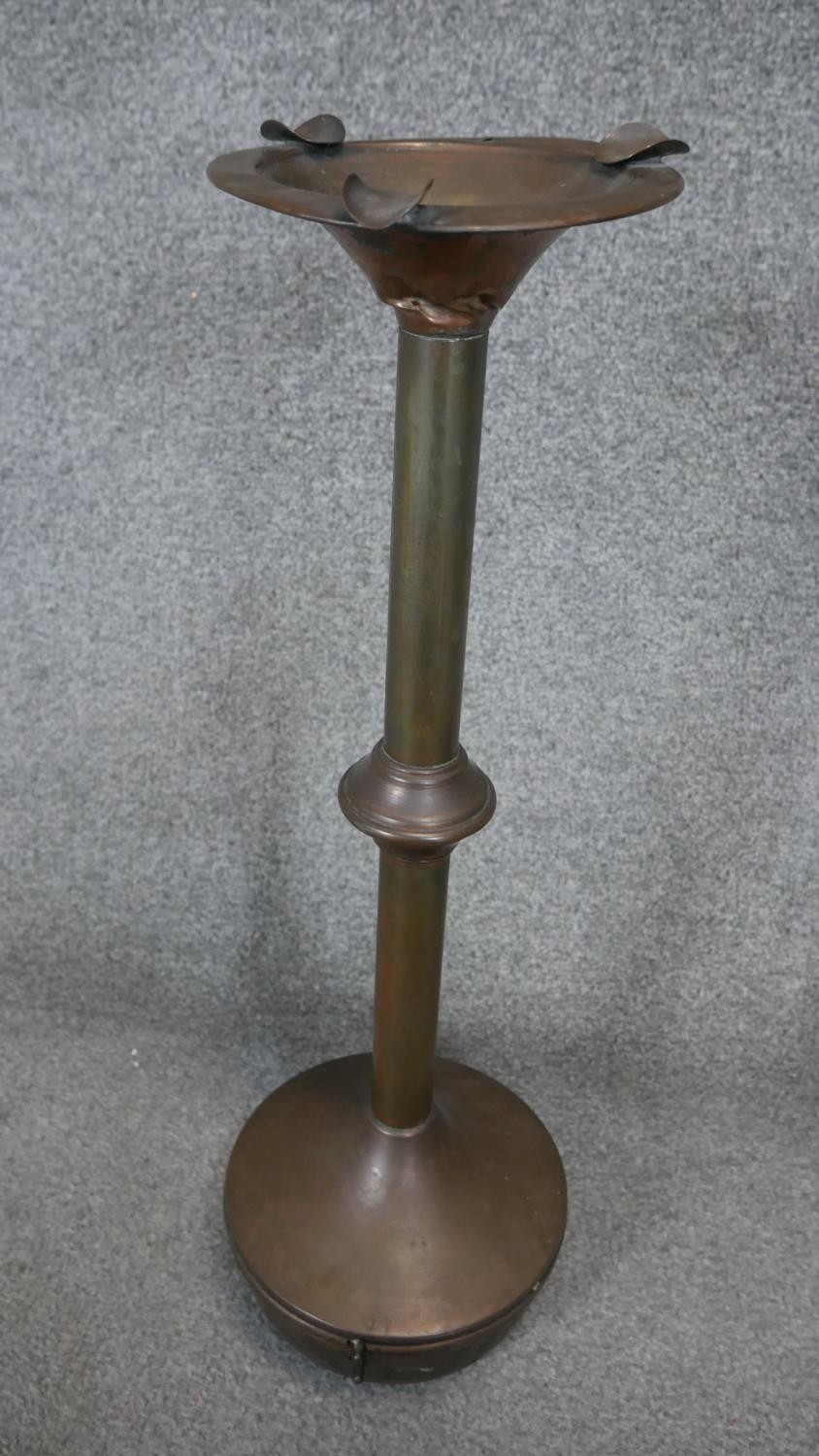 A large Victorian oak and copper bed warmer along with a brass floor standing weighted ash tray, a - Image 6 of 6