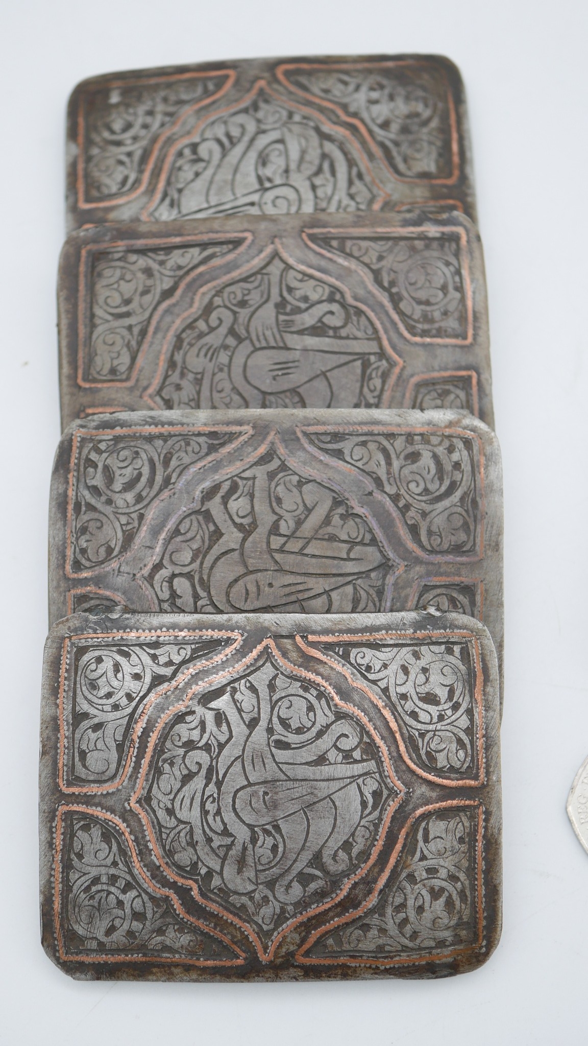 Two sets of metal Oriental buckles, one set of four with tiger motifs and the other set with a - Image 3 of 5