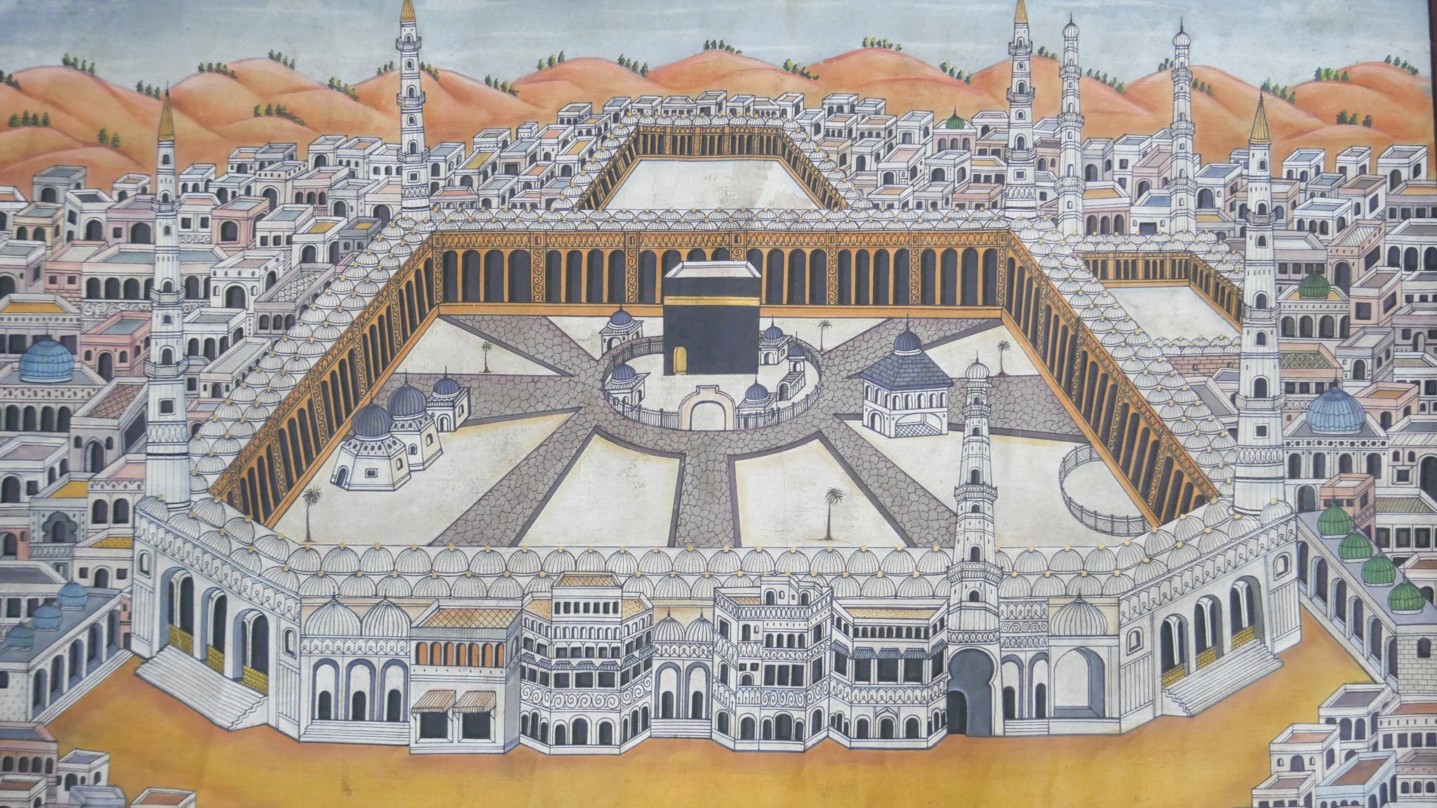 Three unframed Indian paintings on fabric of a bird's eye view of Mecca. L. 70 W. 94 - Image 4 of 5