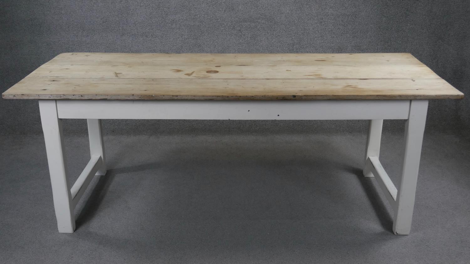 A 19th century refectory dining table with ash planked top on painted base with central frieze - Image 2 of 5