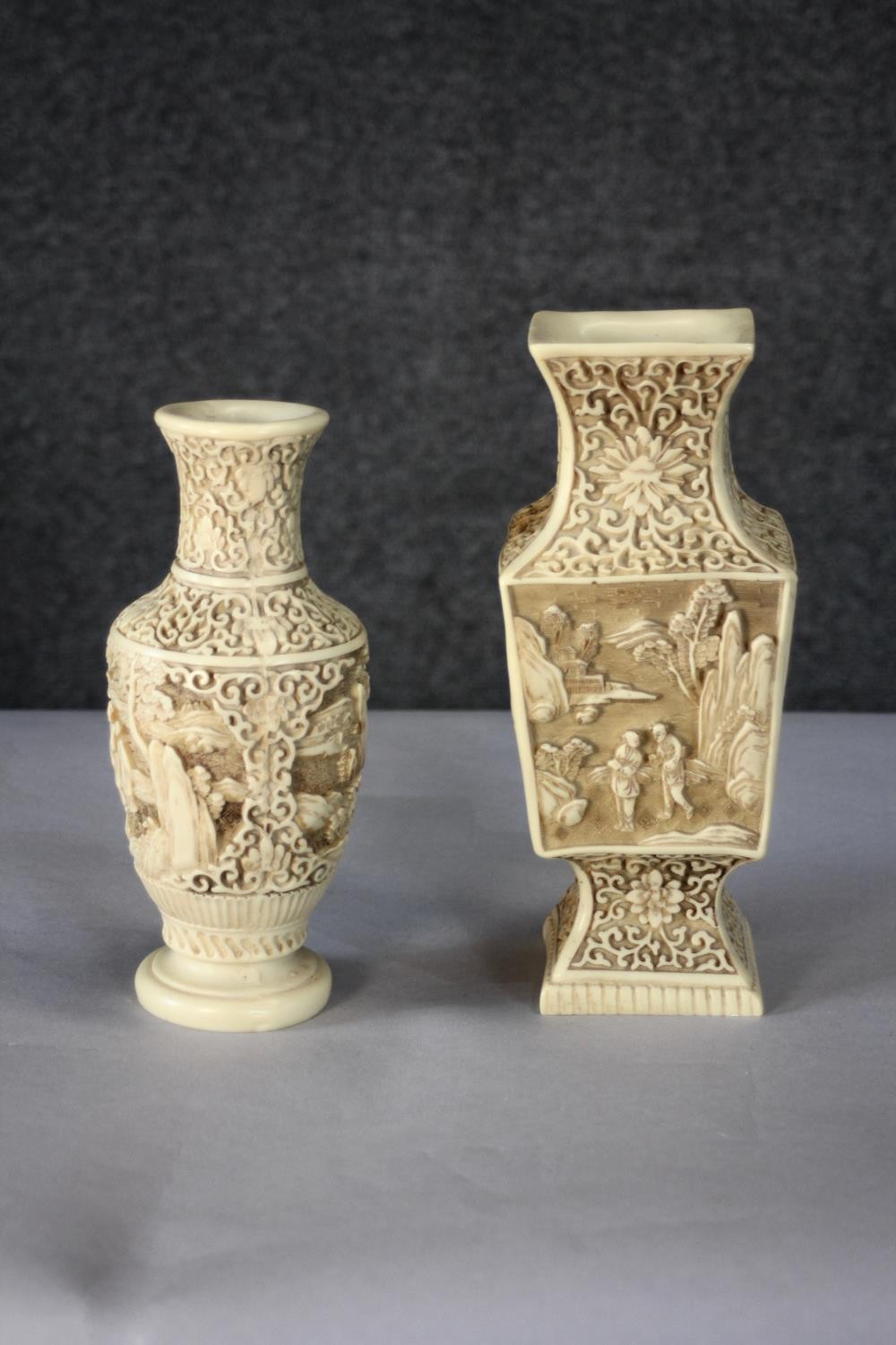 Two Chinese style moulded resin vases with Oriental scenes. H.25 (largest) - Image 2 of 5