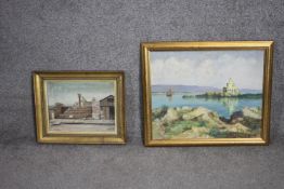 Two framed oils on canvas. One of a Greek seascape, indistinctly signed. The other of an