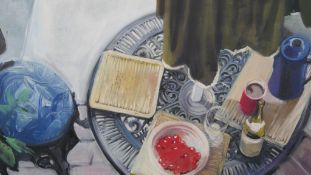 David Merrills- An oil on canvas still life, titled 'Still Life with a Bowl of Cherries', label