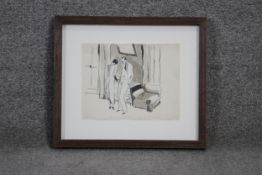 A framed and glazed watercolour on paper of a couple in a bedroom. Indistinctly signed and