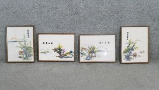 Four framed Allan's of Duke street Chinese style silk landscape embroideries, with embroidered
