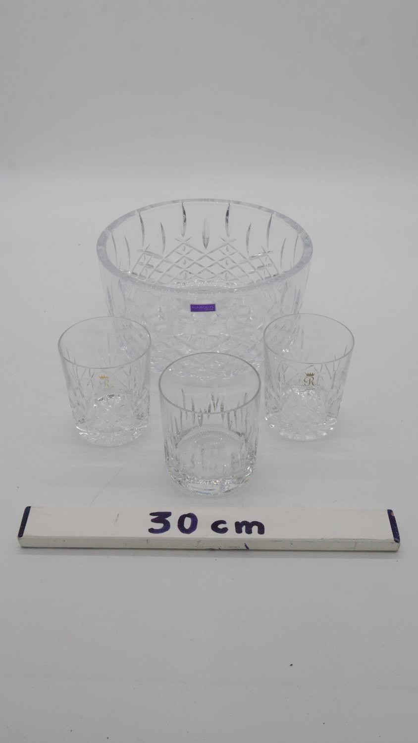 A boxed marquis cut crystal glass bowl and three cut crystal whisky tumblers with makers labels. - Image 5 of 5