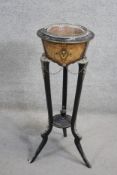 A C.1900 ebonised kingwood and floral marquetry inlaid jardiniere stand with ormolu galleried top