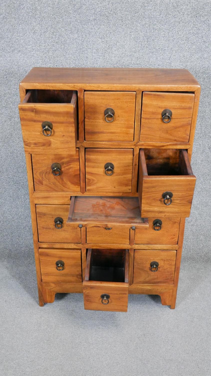 An Eastern hardwood spice chest with pull out slide and twin metal carrying handles. H.97 x W.60 x - Image 3 of 4