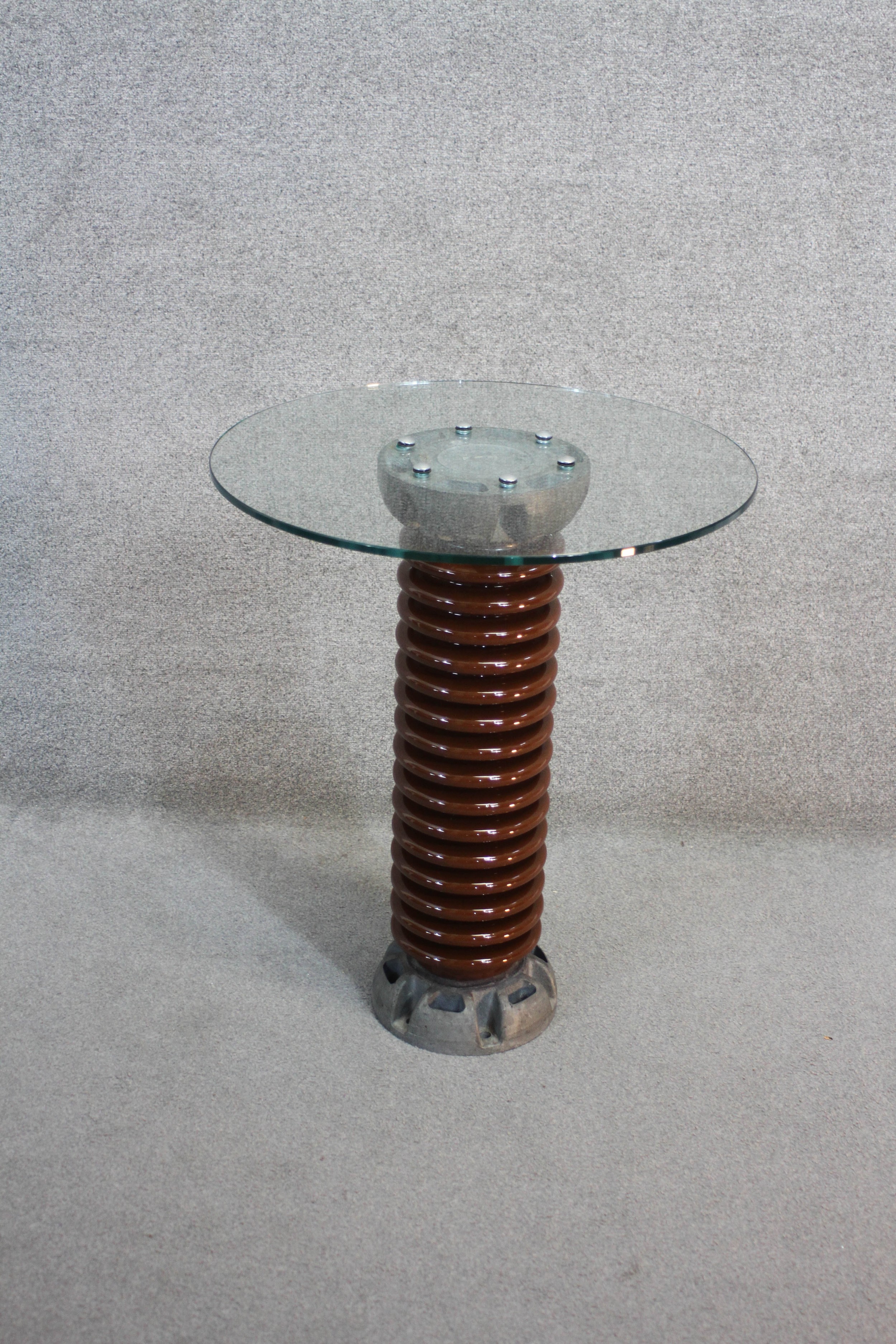 A plate glass topped occasional table on a pedestal from a glazed china high voltage insulator. H.74 - Image 4 of 6