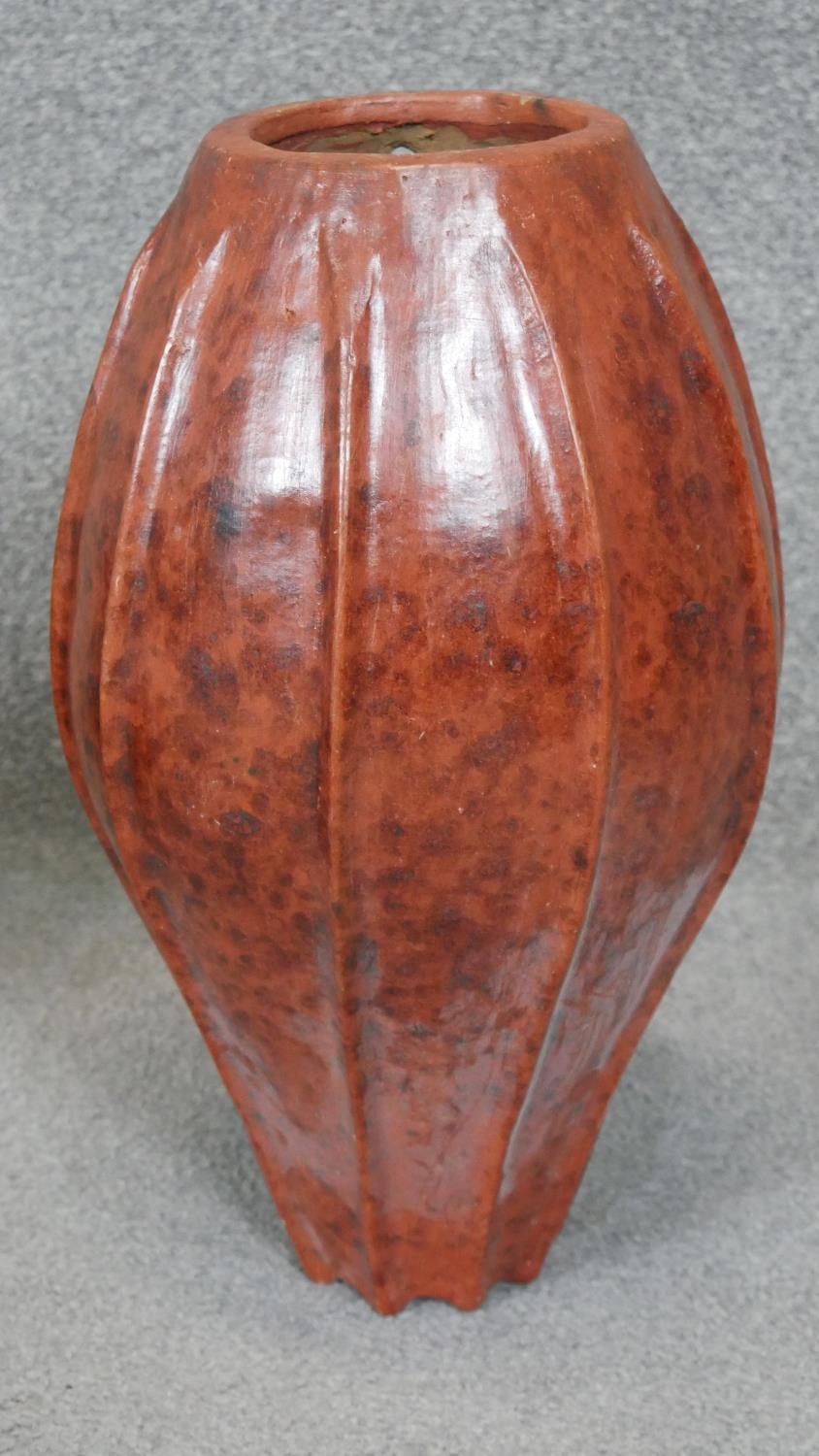 One ovoid ribbed terracotta effect ceramic vase along with a similar circular one. H.44CM - Image 4 of 4