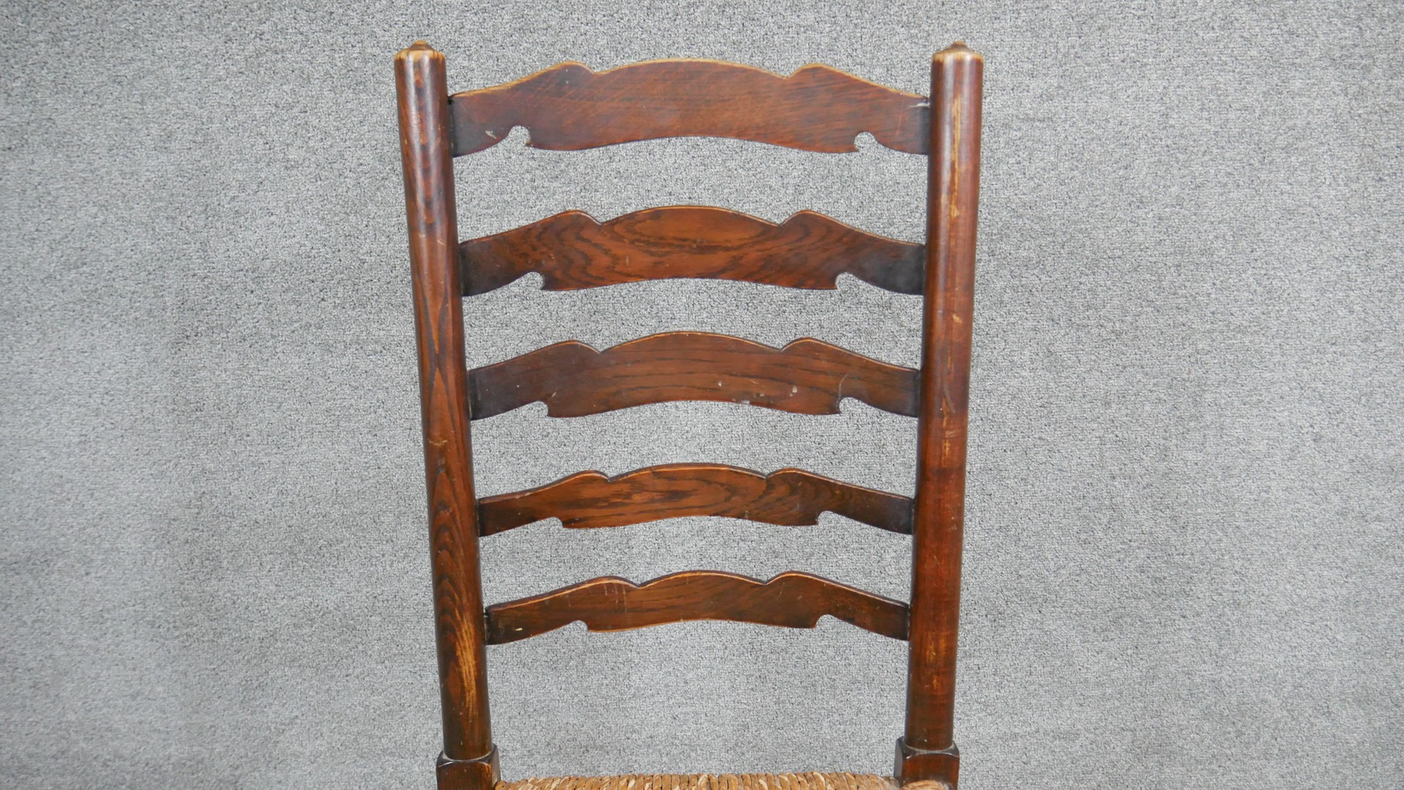 A pair of oak Lancashire style ladder back dining chairs with woven rush seats. - Image 3 of 6