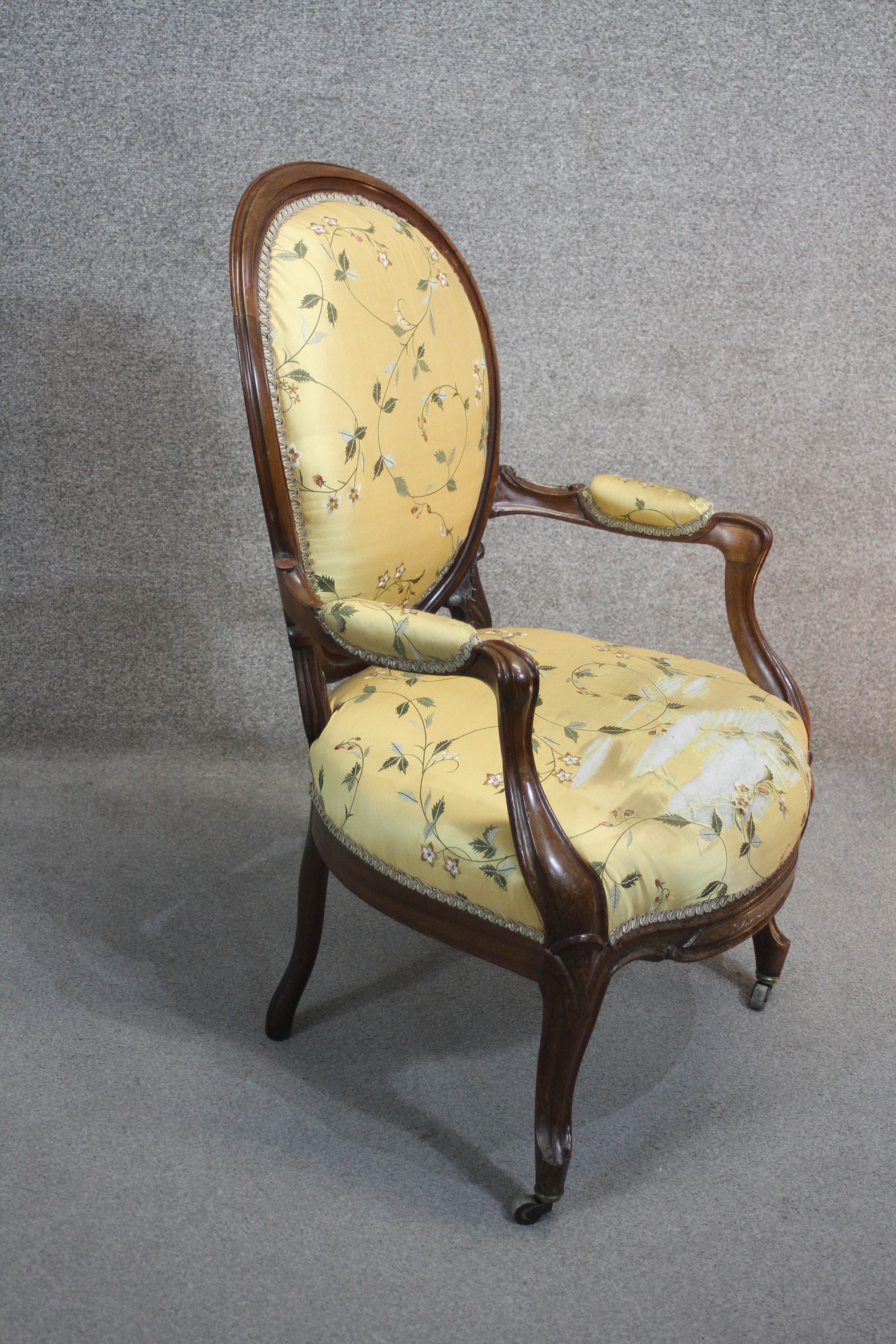 A 19th century mahogany framed French style armchair in floral silk upholstery raised on cabriole - Image 3 of 4