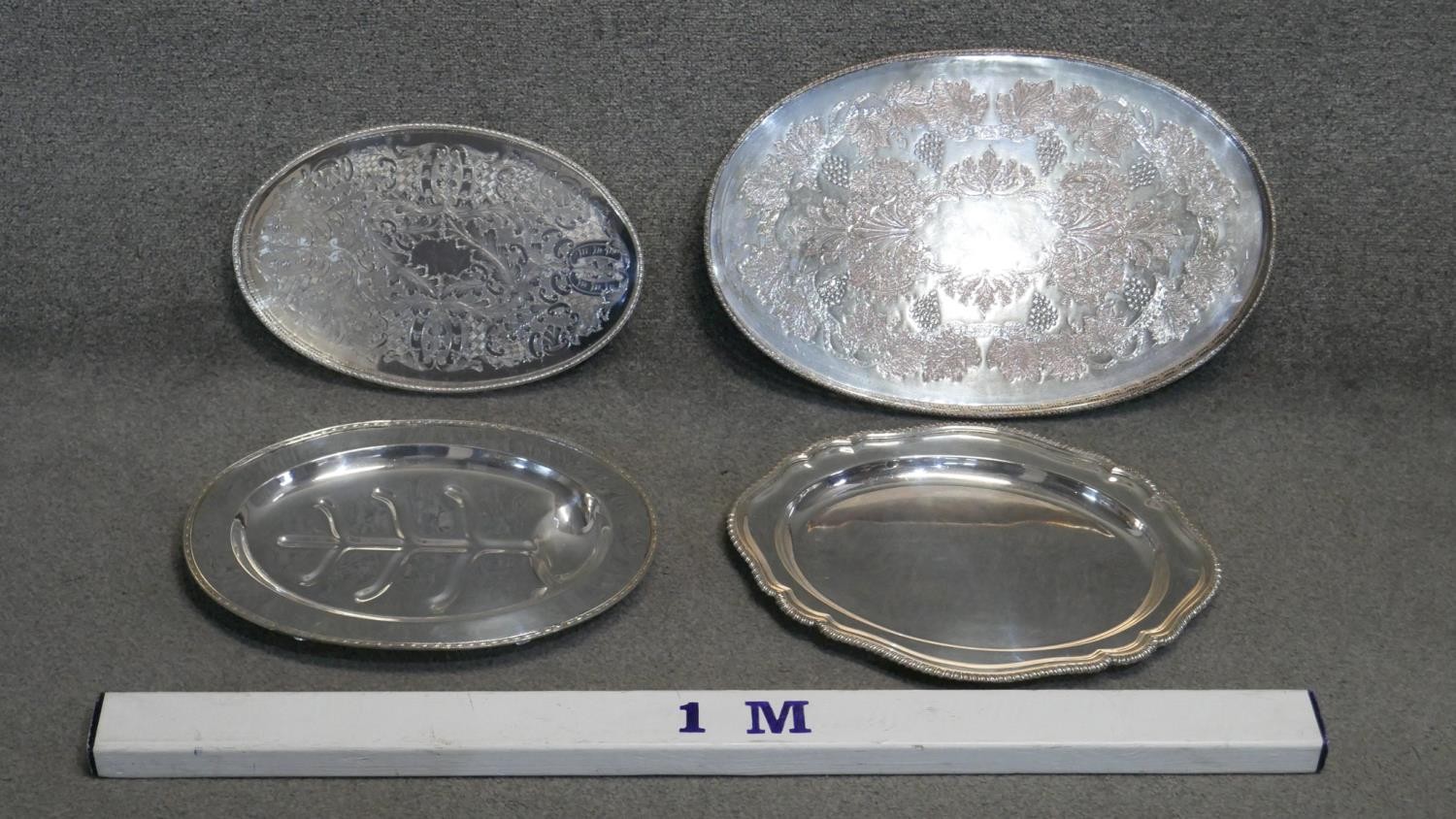 Four oval silver plated serving trays, two with engraved decoration, one with a vine and grape - Image 2 of 4