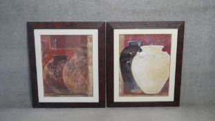 Isabelle De Borchgrave- A pair of large framed and glazed coloured prints of stone urns. H.105 W.