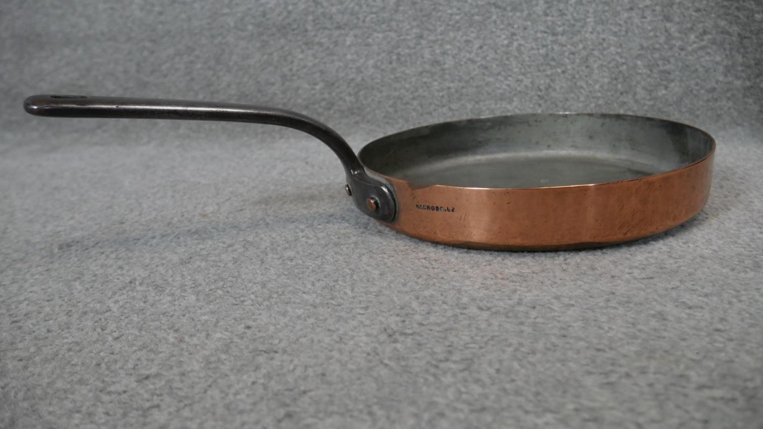 A large Victorian oak and copper bed warmer along with a brass floor standing weighted ash tray, a - Image 3 of 6