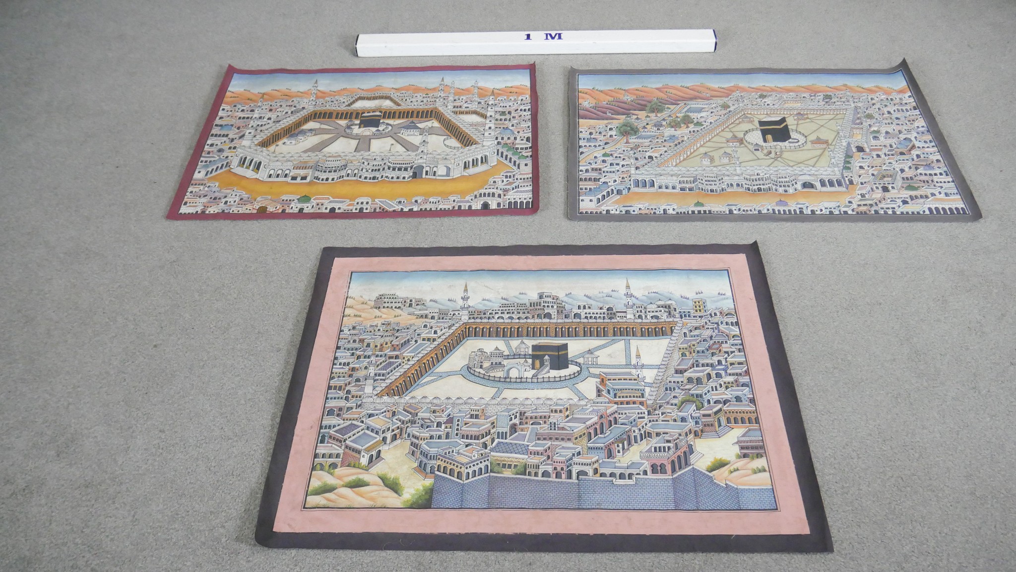 Three unframed Indian paintings on fabric of a bird's eye view of Mecca. L. 70 W. 94 - Image 2 of 5