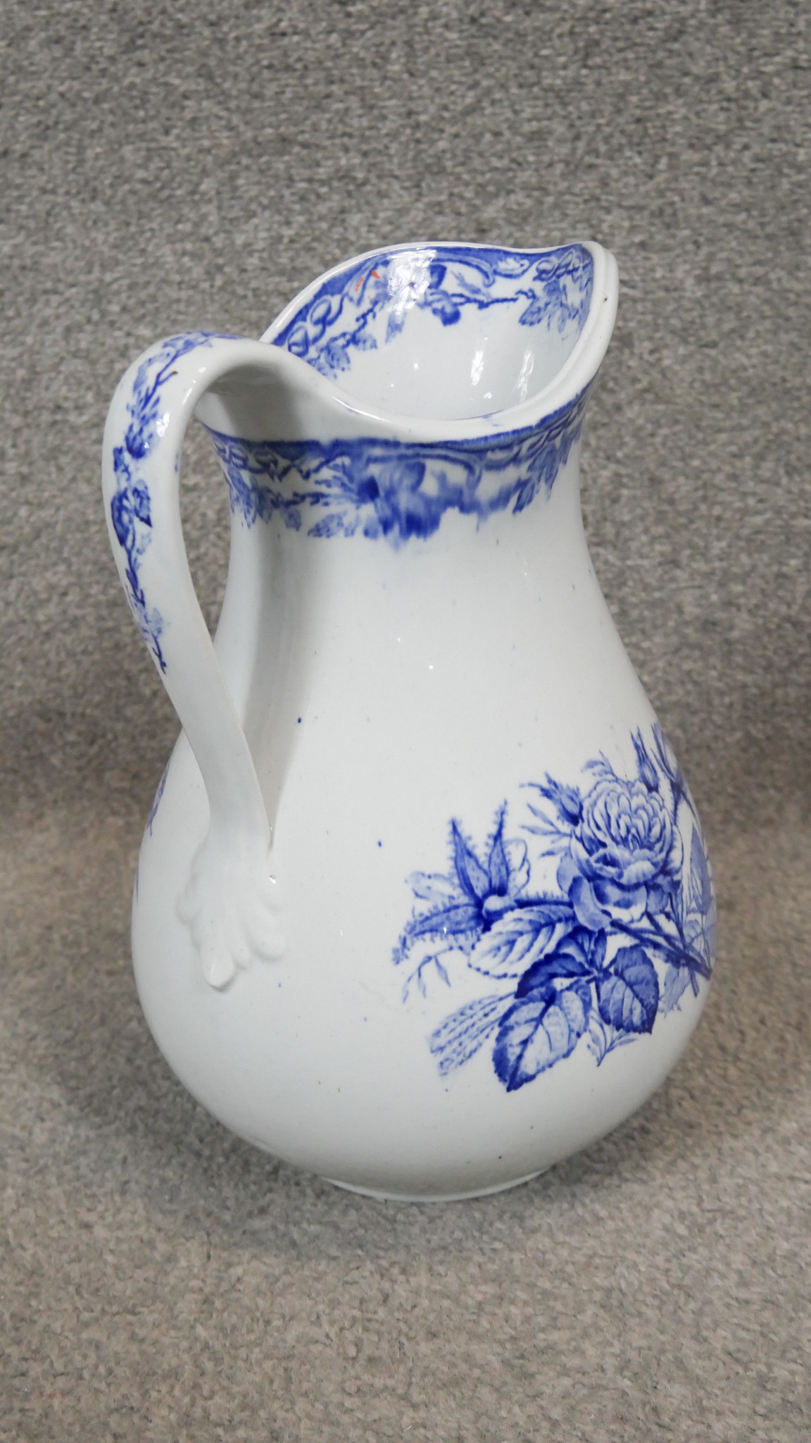 Two Victorian transfer design ceramic wash jugs. One with an Oriental fan design and one with roses. - Image 3 of 7