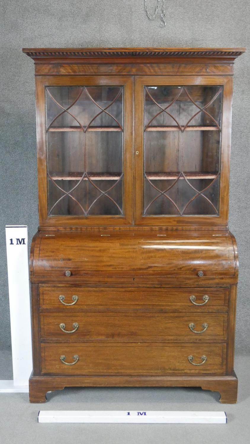 A 19th century mahogany and ebony strung cylinder bureau bookcase with fitted interior on bracket - Image 5 of 5