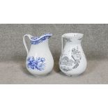 Two Victorian transfer design ceramic wash jugs. One with an Oriental fan design and one with roses.