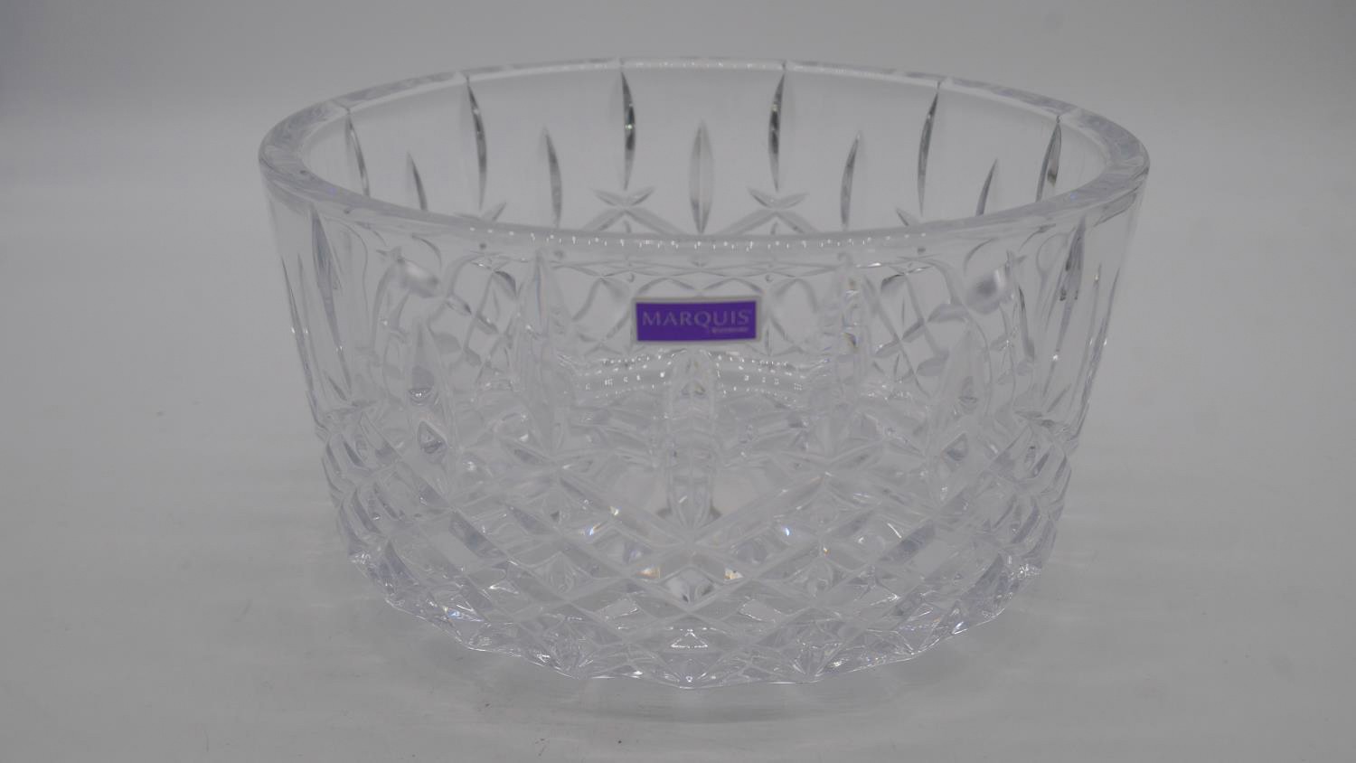 A boxed marquis cut crystal glass bowl and three cut crystal whisky tumblers with makers labels. - Image 2 of 5