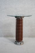 A plate glass topped occasional table on a pedestal from a glazed china high voltage insulator. H.74