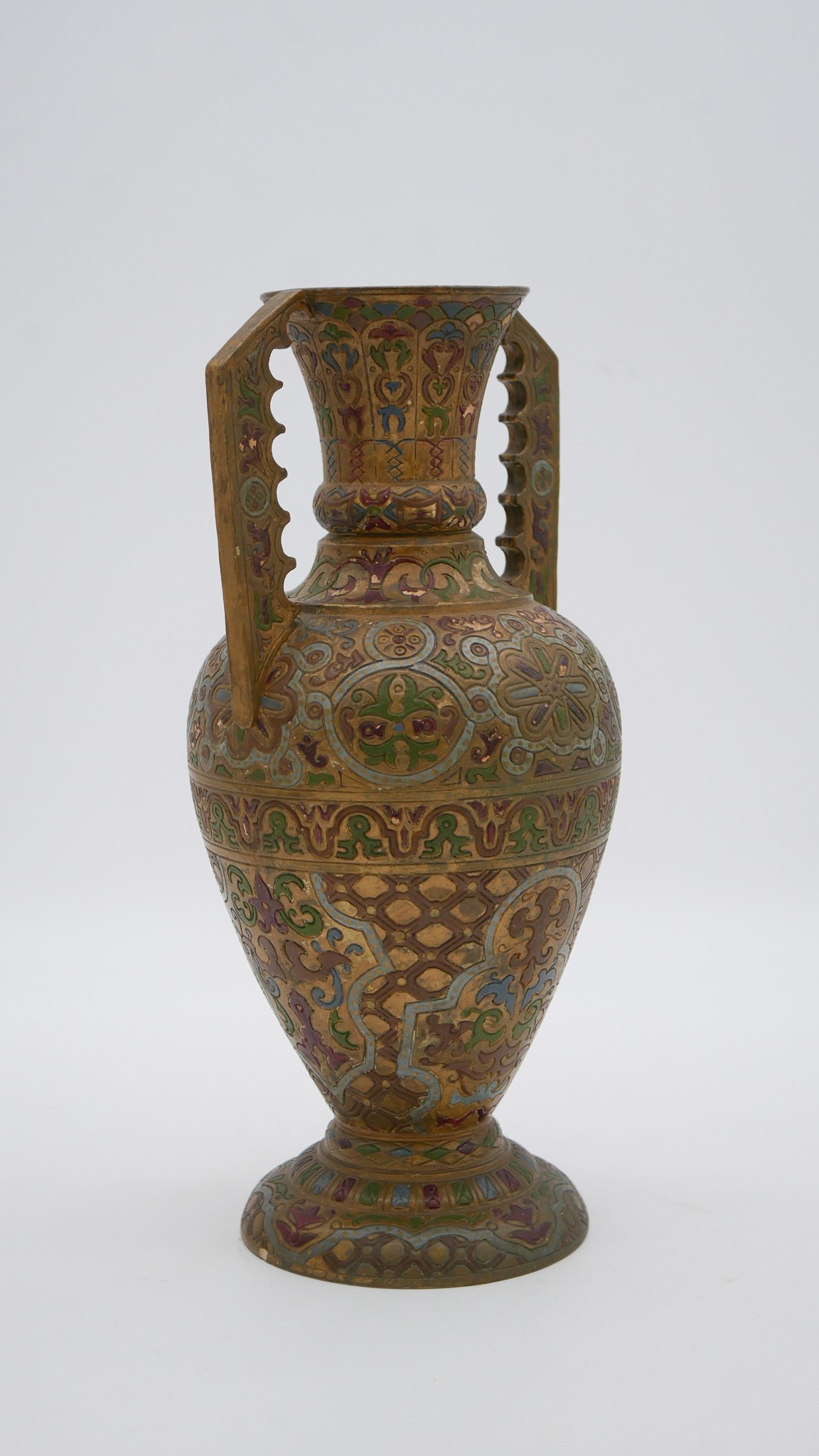 An Oriental gilt metal enamelled twin handled vase. Decorated with a stylised floral and foliate - Image 4 of 5