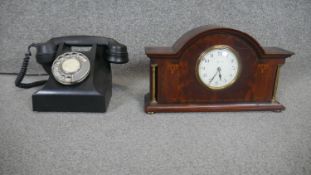A vintage black bakelite telephone along with a Mappin & Webb Art Nouveau parquetry mahogany
