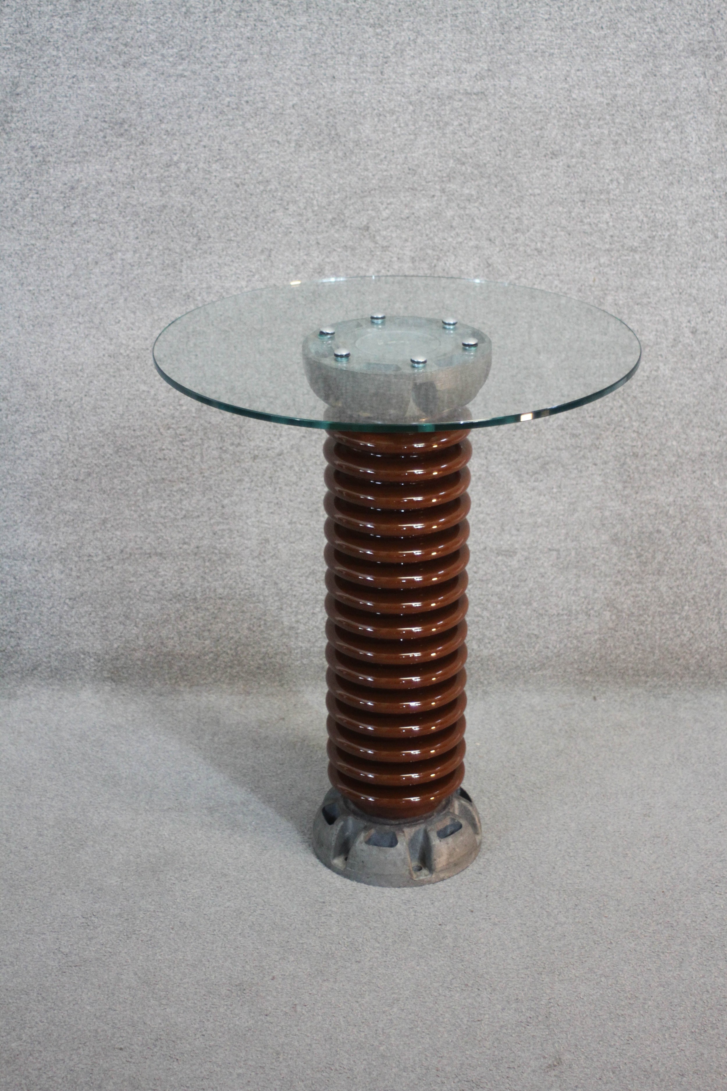 A plate glass topped occasional table on a pedestal from a glazed china high voltage insulator. H.74 - Image 2 of 6