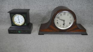 A Victorian black slate mantle clock with inlaid malachite decoration along with a vintage oak