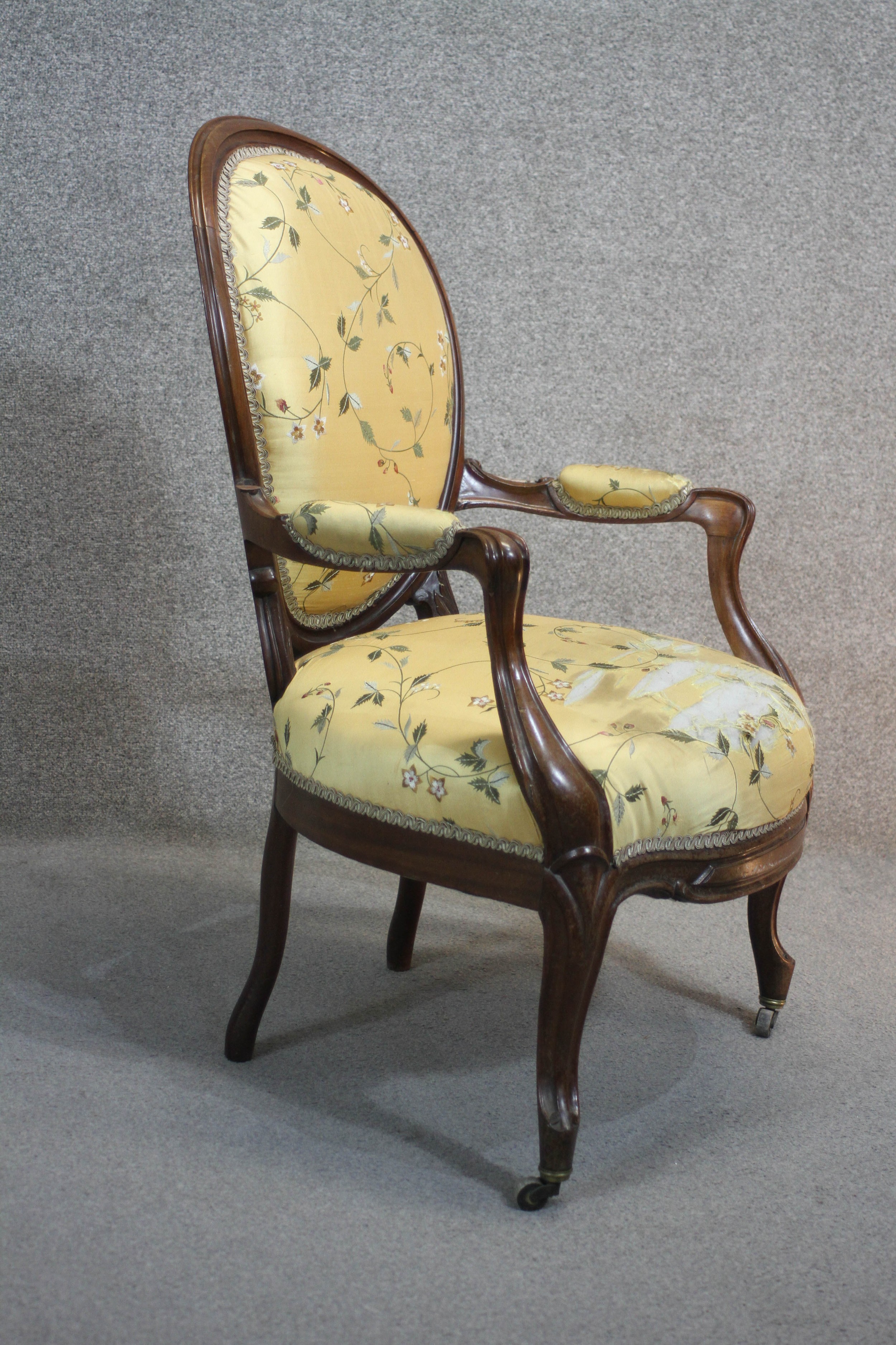 A 19th century mahogany framed French style armchair in floral silk upholstery raised on cabriole - Image 4 of 4