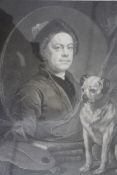 William Hogarth- A framed and glazed engraved self portrait with dog. H. 67 W. 57