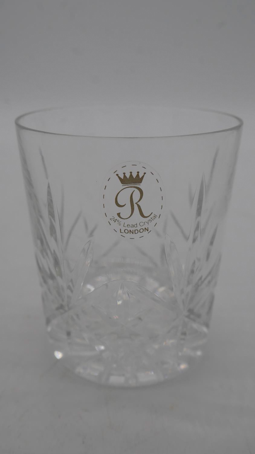 A boxed marquis cut crystal glass bowl and three cut crystal whisky tumblers with makers labels. - Image 3 of 5