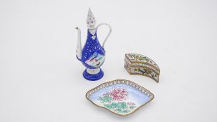 A collection of enamel items. Including a diamond shaped dish decorated with chrysanthemums, a