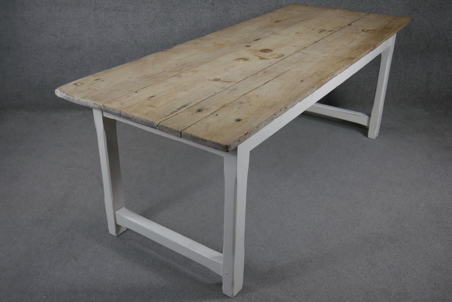 A 19th century refectory dining table with ash planked top on painted base with central frieze - Image 3 of 5