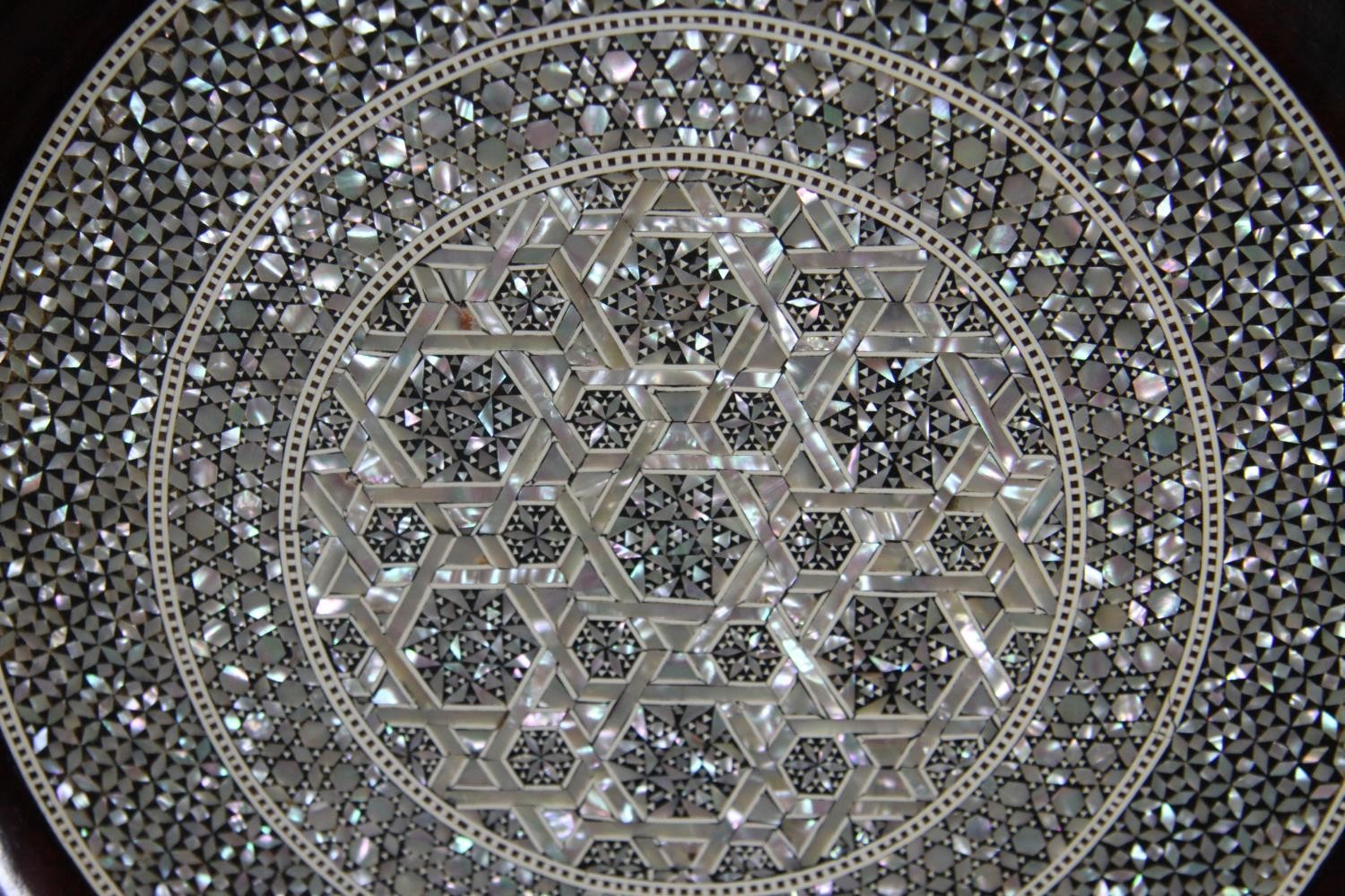 A large Egyptian micro mosaic mother of pearl and bone inlaid charger with a geometric design. Diam. - Image 2 of 3