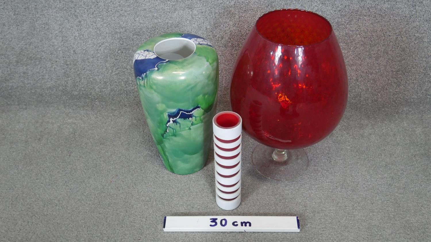 A collection of glass and porcelain. Including a large red Murano glass vase on clear stem, a - Image 2 of 5