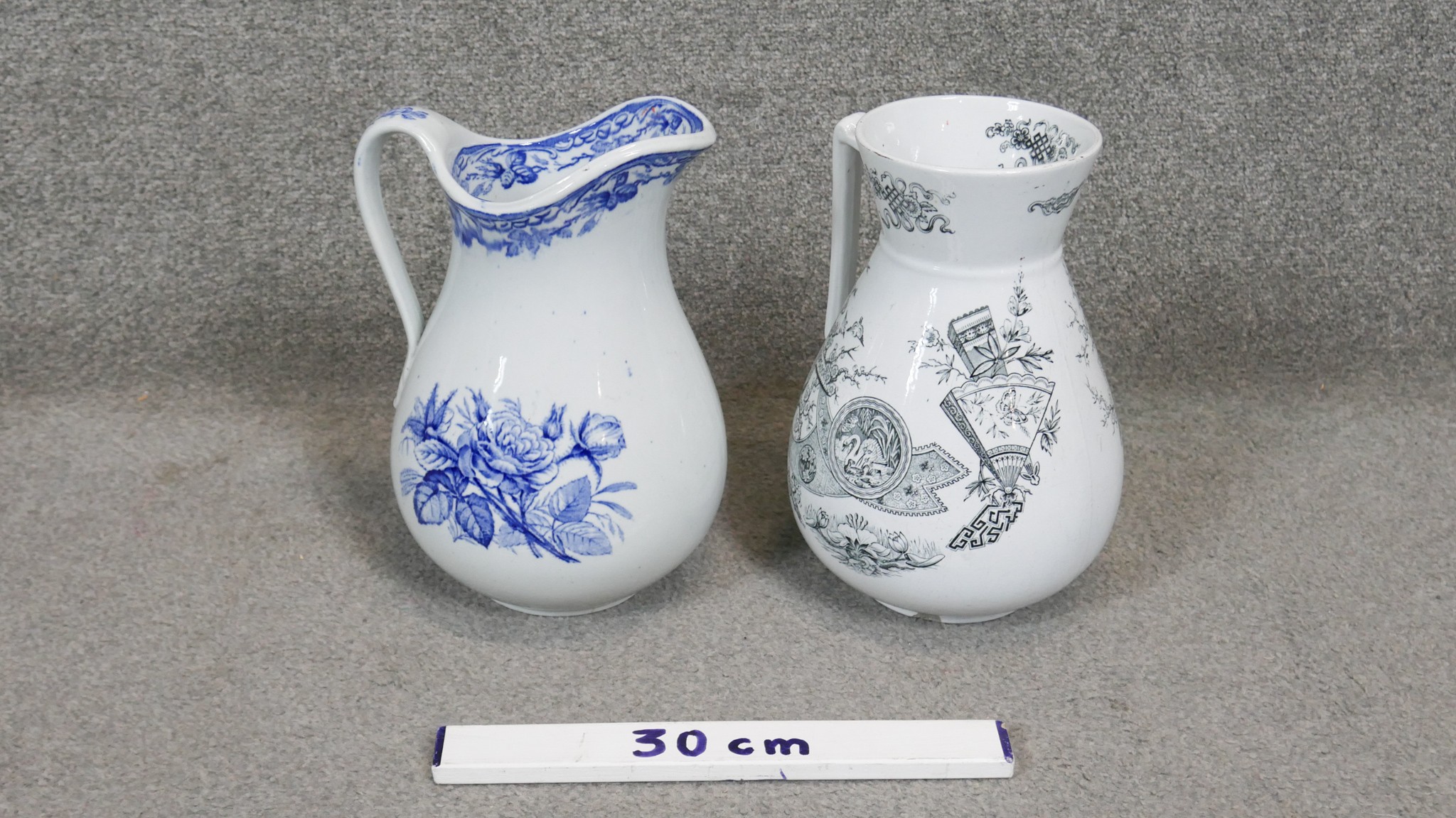 Two Victorian transfer design ceramic wash jugs. One with an Oriental fan design and one with roses. - Image 2 of 7