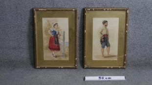 Two 19th century gilt framed and glazed watercolours of two figures in traditional costume.