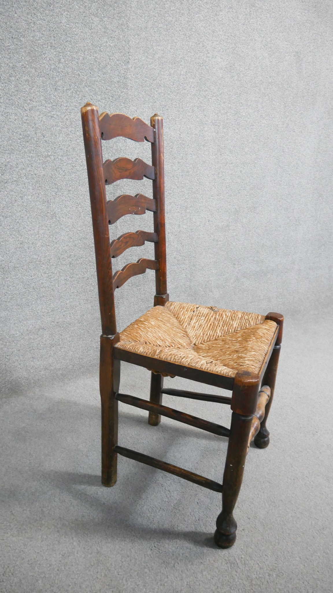 A pair of oak Lancashire style ladder back dining chairs with woven rush seats. - Image 2 of 6
