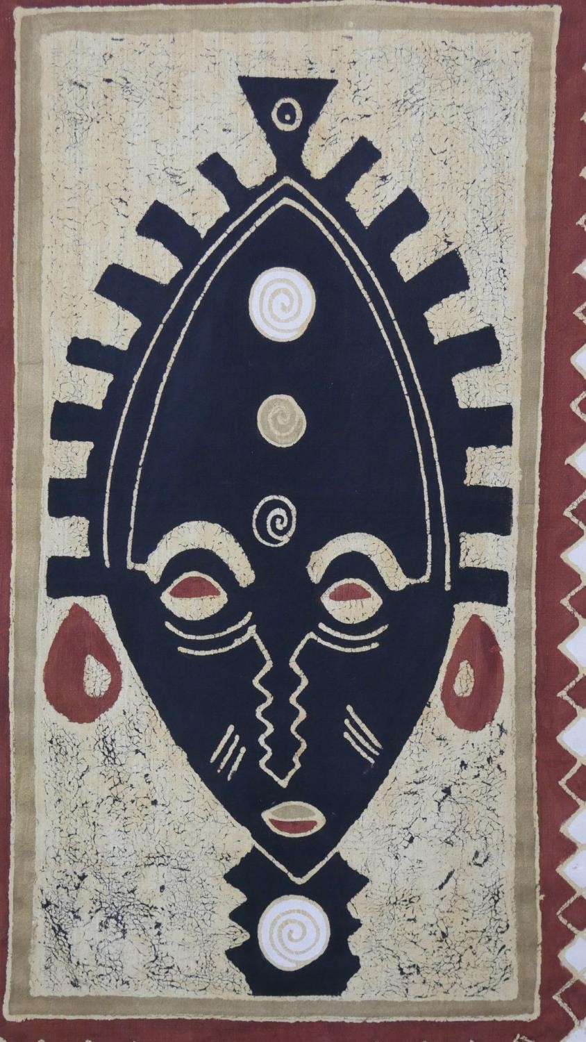 An tribal mask wall hanging on canvas with wooden poles. H.140 W.90 - Image 3 of 3
